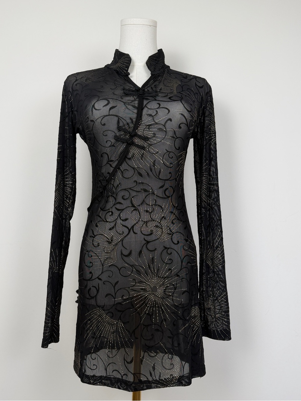 90’s 2000’s Y2K Vintage Flower Garden Chinese Mandarin Style Sheer Mini Dress